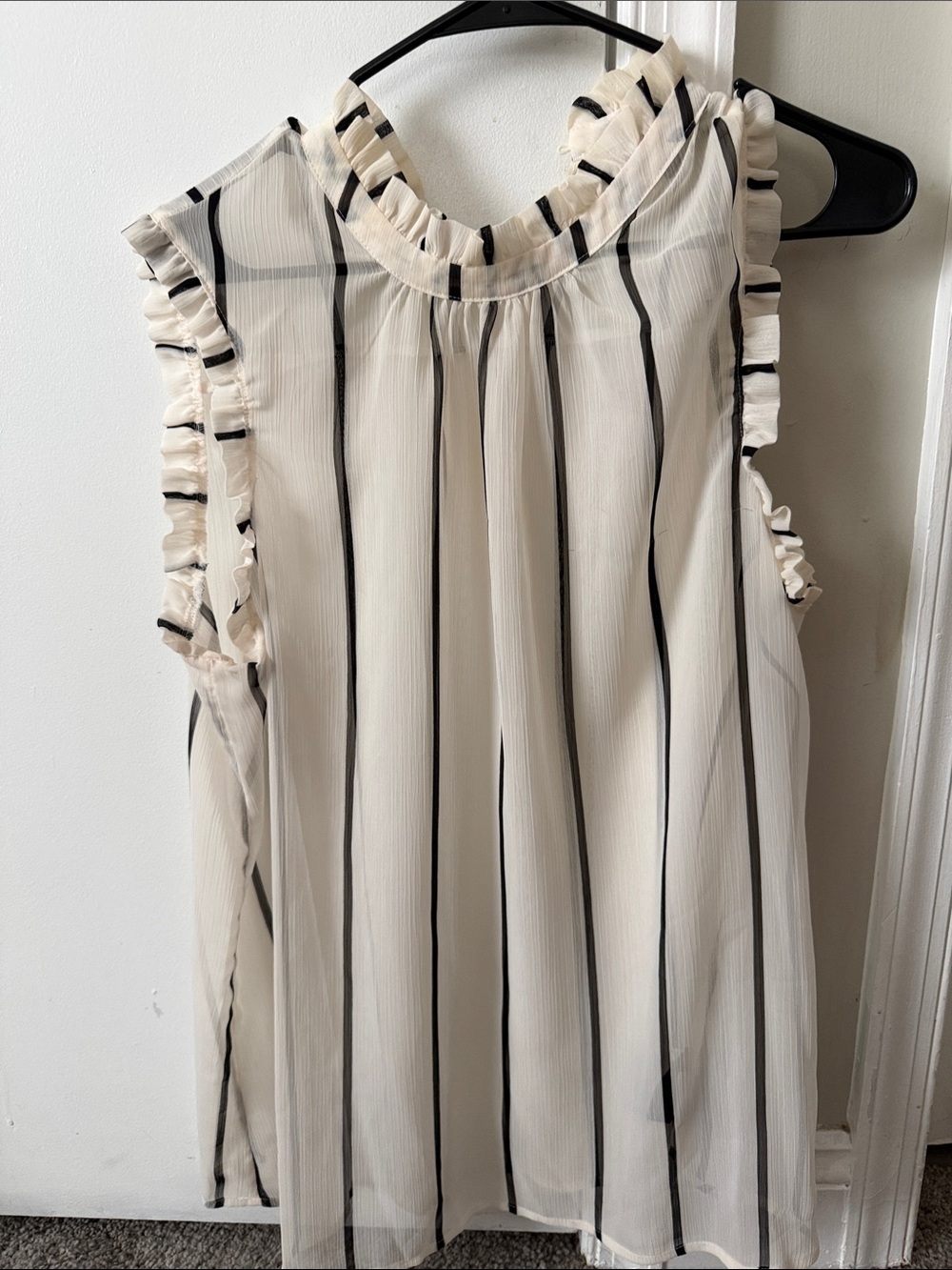 Who What Wear Cream and Black Vertical Stripe Ruffle Shell